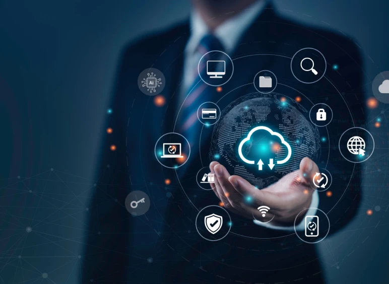 Businessman with digital cloud technology icons